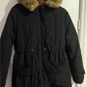 Grace Karin Black Puffer Coat with Faux Fur Collar